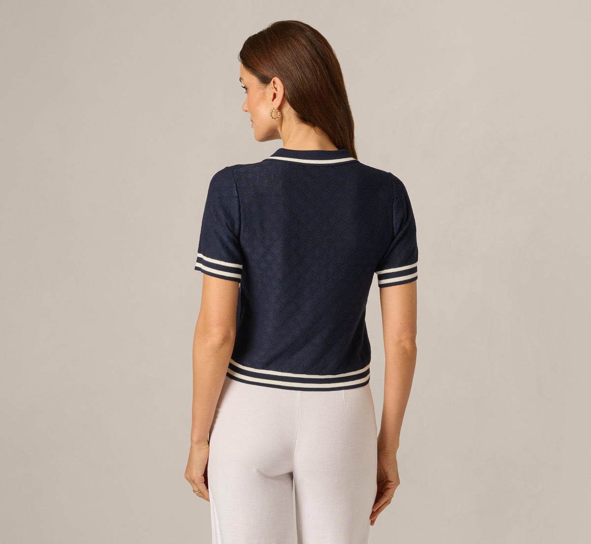 Short Sleeve Open Pointelle Knit Tipped Polo Top - Navy Ivory | Adrianna Papell