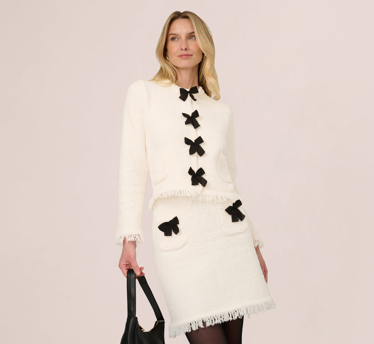 Chenille Boucle Bow Cardigan - Ivory Black | Adrianna Papell