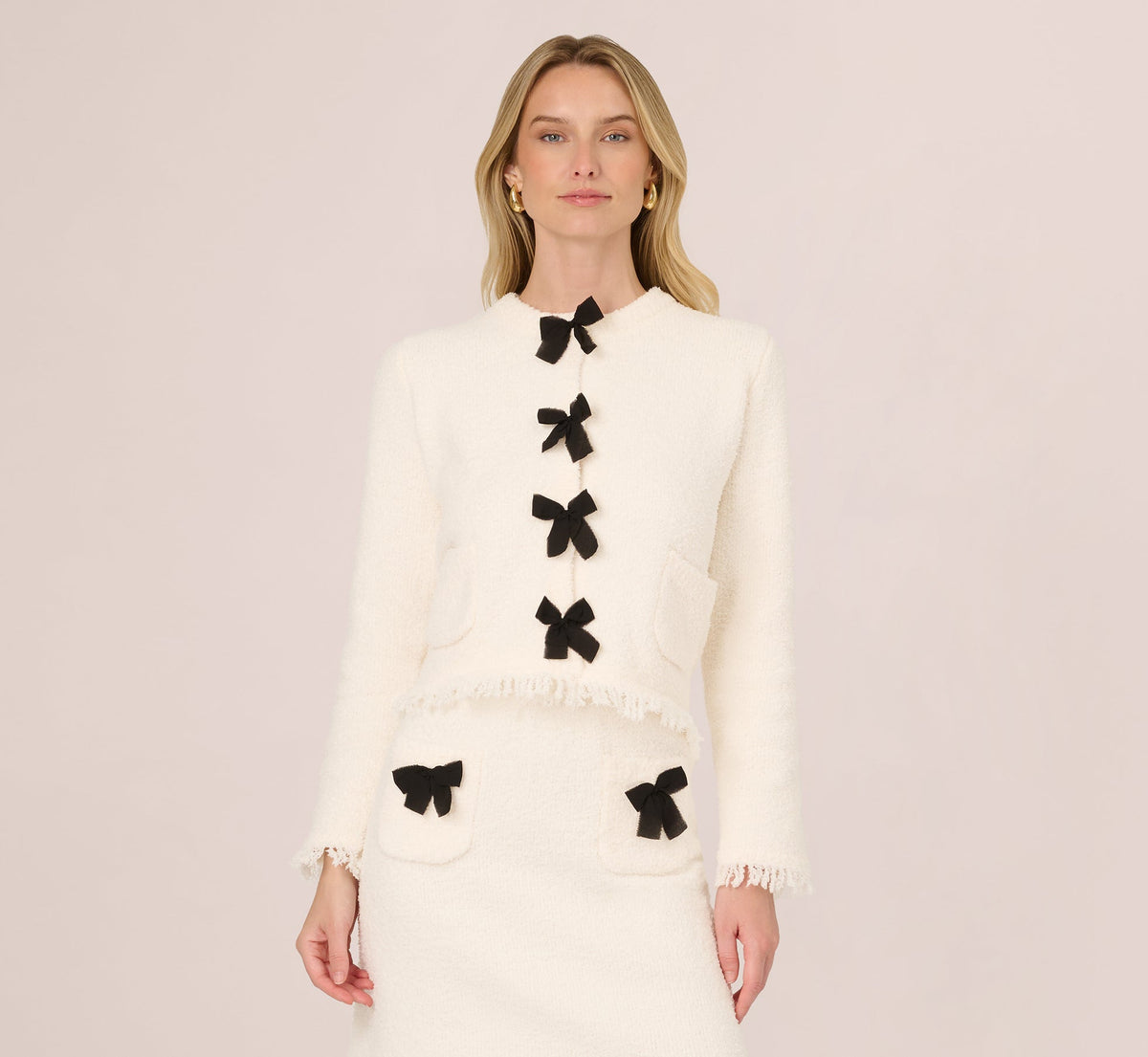 Chenille Boucle Bow Cardigan - Ivory Black | Adrianna Papell