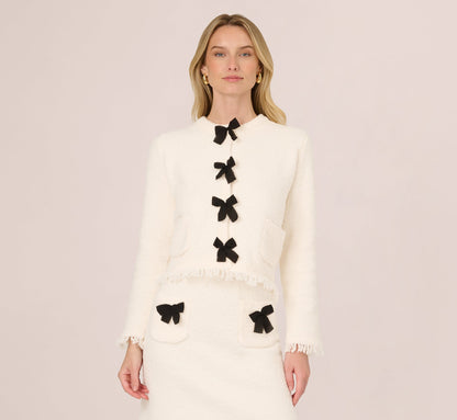 Chenille Boucle Bow Cardigan - Ivory Black | Adrianna Papell