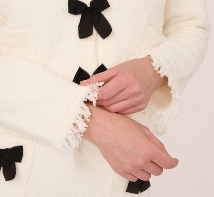 Chenille Boucle Bow Cardigan - Ivory Black | Adrianna Papell