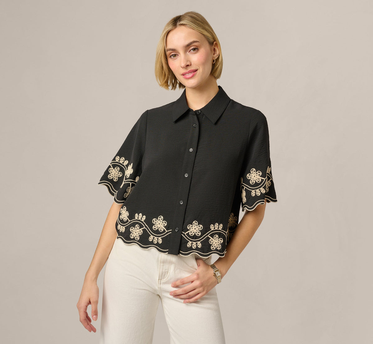 Short Sleeve Scalloped Floral Embroidery Blouse - Black Ivory | Adrianna Papell