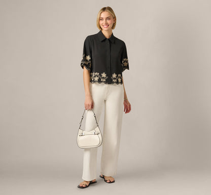 Short Sleeve Scalloped Floral Embroidery Blouse - Black Ivory | Adrianna Papell