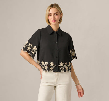 Short Sleeve Scalloped Floral Embroidery Blouse - Black Ivory | Adrianna Papell