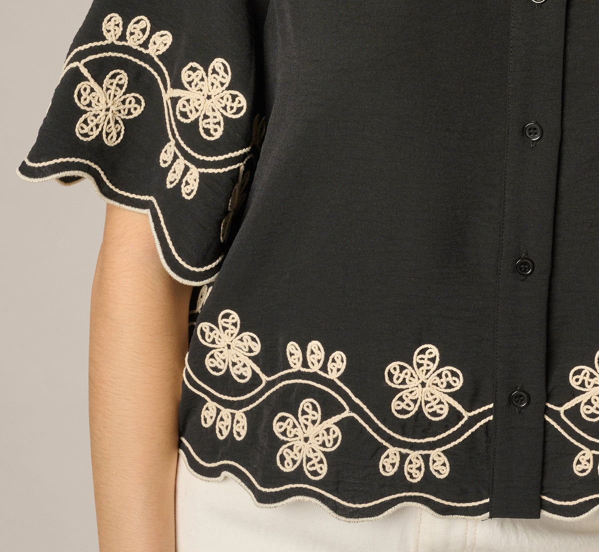Short Sleeve Scalloped Floral Embroidery Blouse - Black Ivory | Adrianna Papell