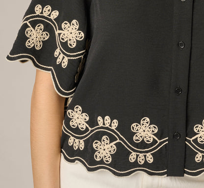 Short Sleeve Scalloped Floral Embroidery Blouse - Black Ivory | Adrianna Papell