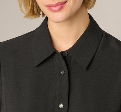 Short Sleeve Scalloped Floral Embroidery Blouse - Black Ivory | Adrianna Papell