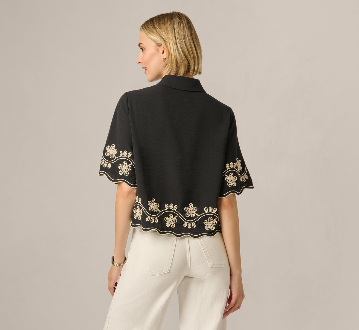 Short Sleeve Scalloped Floral Embroidery Blouse - Black Ivory | Adrianna Papell