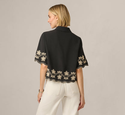 Short Sleeve Scalloped Floral Embroidery Blouse - Black Ivory | Adrianna Papell