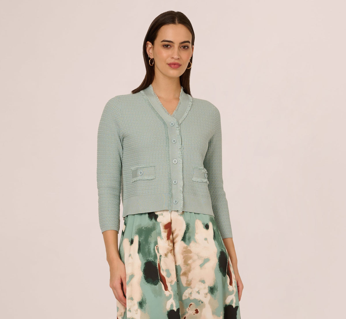 Waffle Knit Cardigan Sweater With Frayed Edges - Dusty Seamist | Adrianna Papell