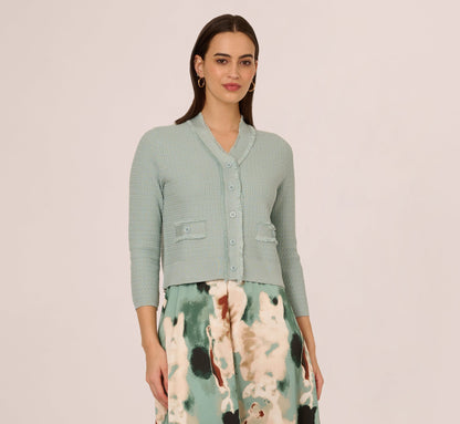 Waffle Knit Cardigan Sweater With Frayed Edges - Dusty Seamist | Adrianna Papell