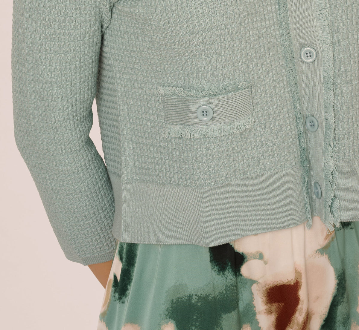 Waffle Knit Cardigan Sweater With Frayed Edges - Dusty Seamist | Adrianna Papell