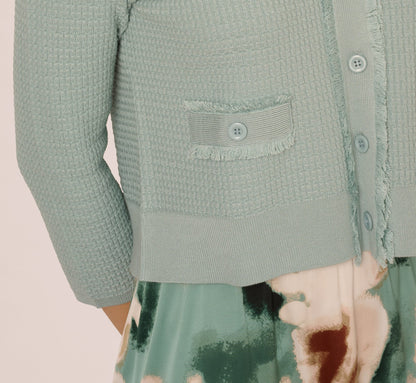 Waffle Knit Cardigan Sweater With Frayed Edges - Dusty Seamist | Adrianna Papell