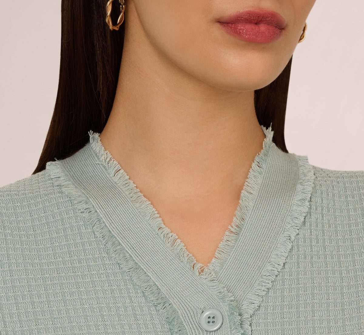 Waffle Knit Cardigan Sweater With Frayed Edges - Dusty Seamist | Adrianna Papell