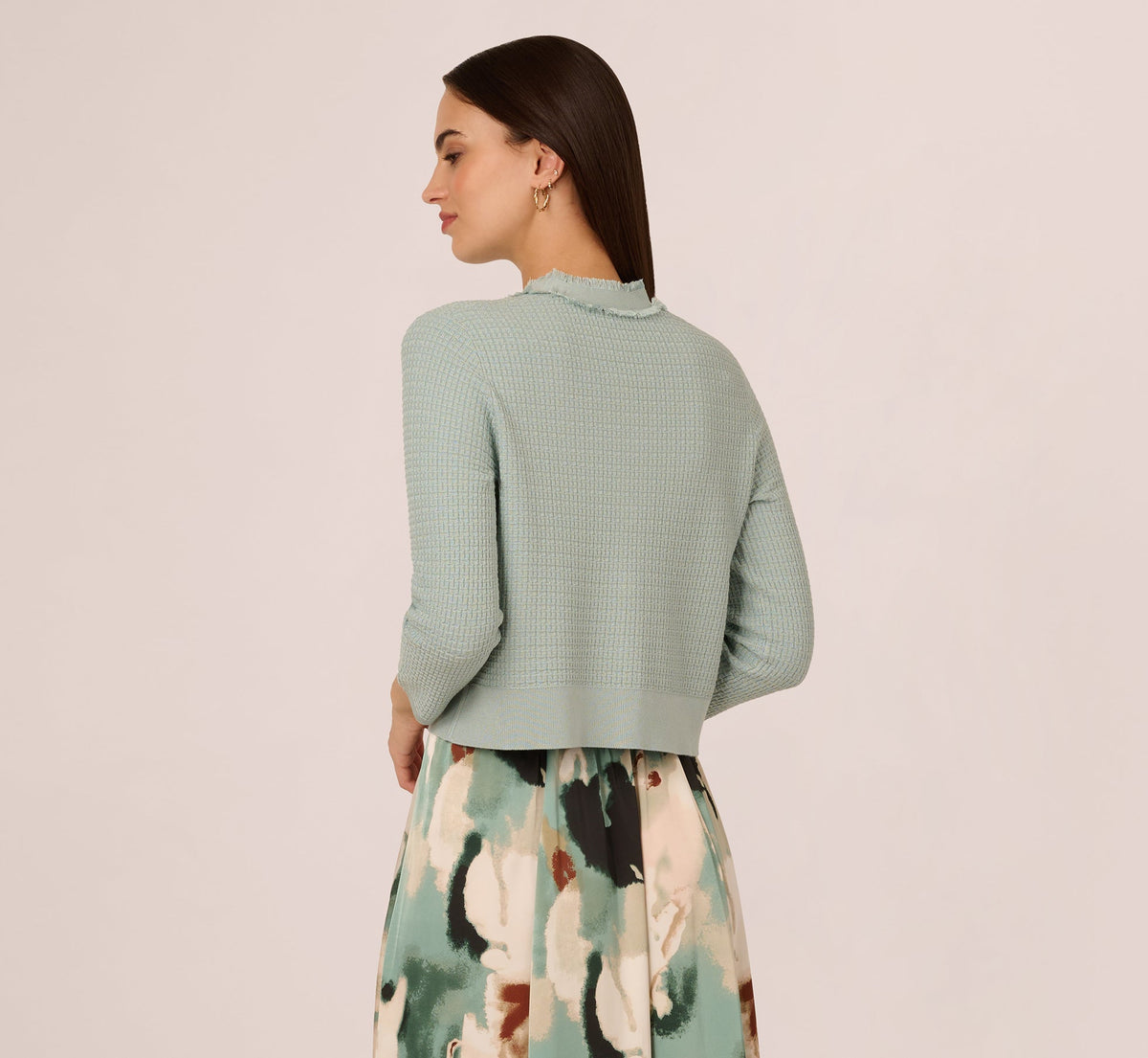 Waffle Knit Cardigan Sweater With Frayed Edges - Dusty Seamist | Adrianna Papell