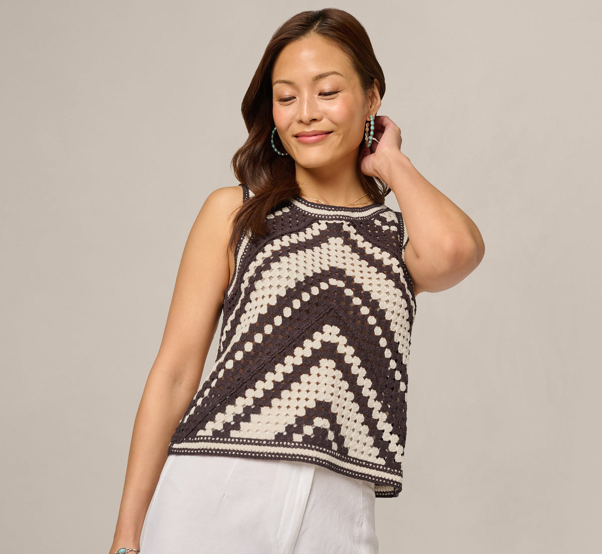 Open Crochet Knit Tank Top - Chocolate Cream | Adrianna Papell