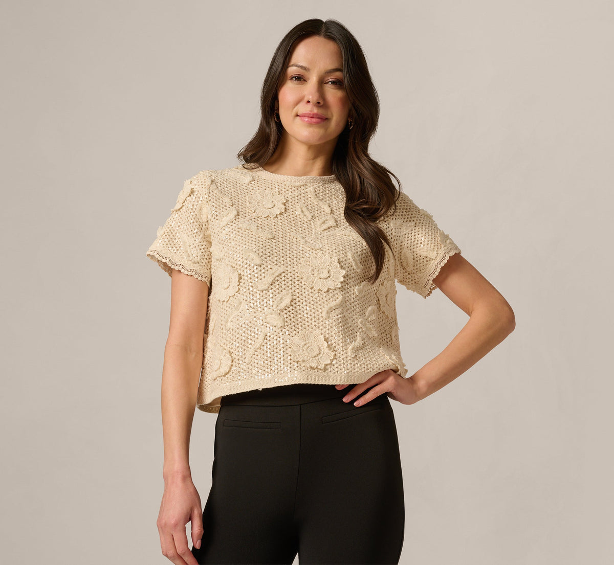 Short Sleeve Floral Sequin Crochet Top - Seedpearl | Adrianna Papell