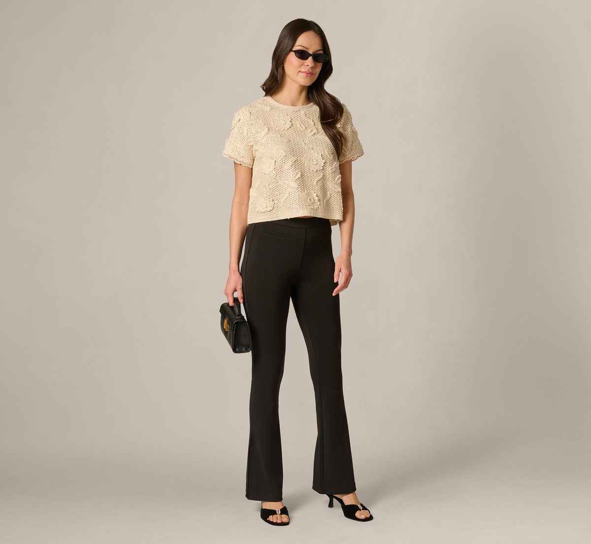 Short Sleeve Floral Sequin Crochet Top - Seedpearl | Adrianna Papell