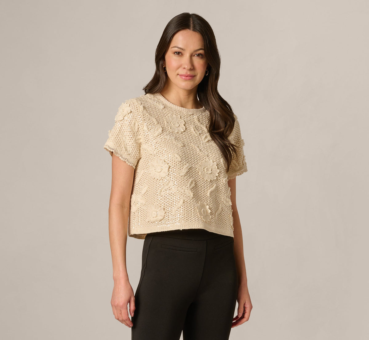 Short Sleeve Floral Sequin Crochet Top - Seedpearl | Adrianna Papell