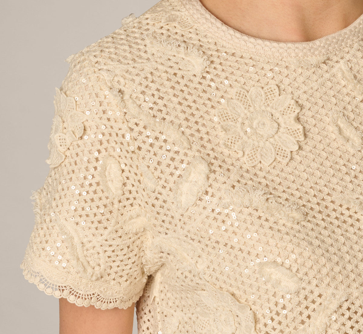 Short Sleeve Floral Sequin Crochet Top - Seedpearl | Adrianna Papell