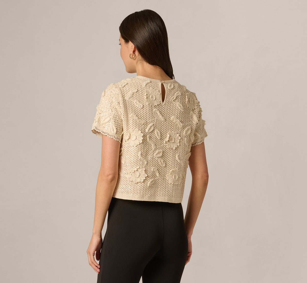 Short Sleeve Floral Sequin Crochet Top - Seedpearl | Adrianna Papell