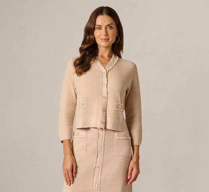 Waffle Knit Cardigan Sweater With Frayed Edges - Champagne Blush | Adrianna Papell