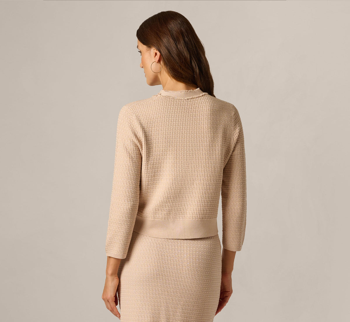 Waffle Knit Cardigan Sweater With Frayed Edges - Champagne Blush | Adrianna Papell