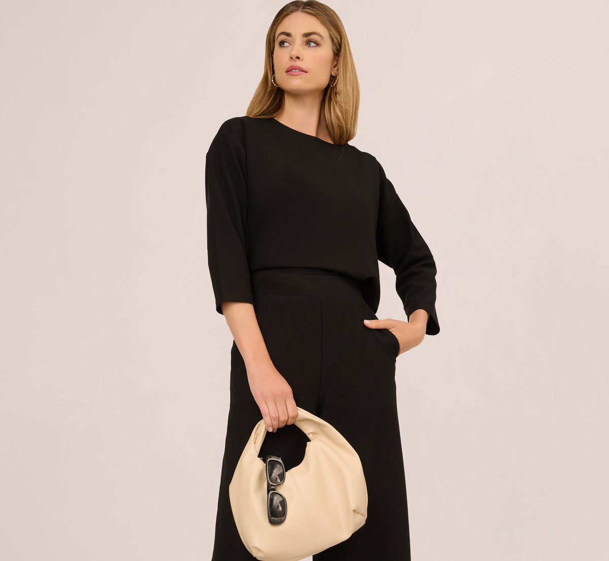 Three Quarter Sleeve Drop Shoulder Rib Knit Top - Black | Adrianna Papell