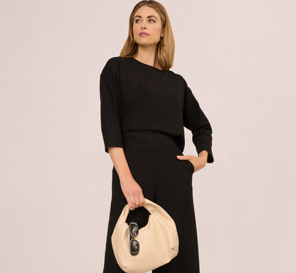 Three Quarter Sleeve Drop Shoulder Rib Knit Top - Black | Adrianna Papell