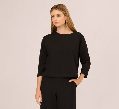 Three Quarter Sleeve Drop Shoulder Rib Knit Top - Black | Adrianna Papell