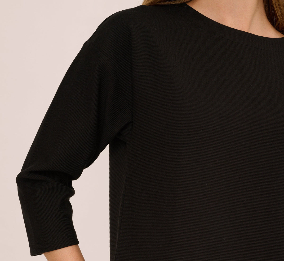Three Quarter Sleeve Drop Shoulder Rib Knit Top - Black | Adrianna Papell
