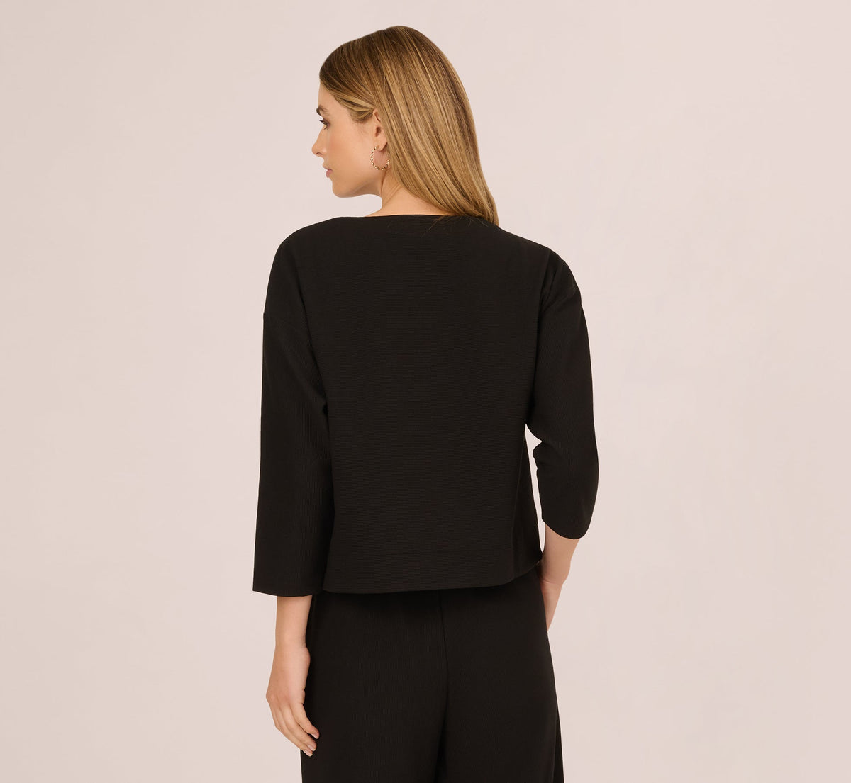 Three Quarter Sleeve Drop Shoulder Rib Knit Top - Black | Adrianna Papell