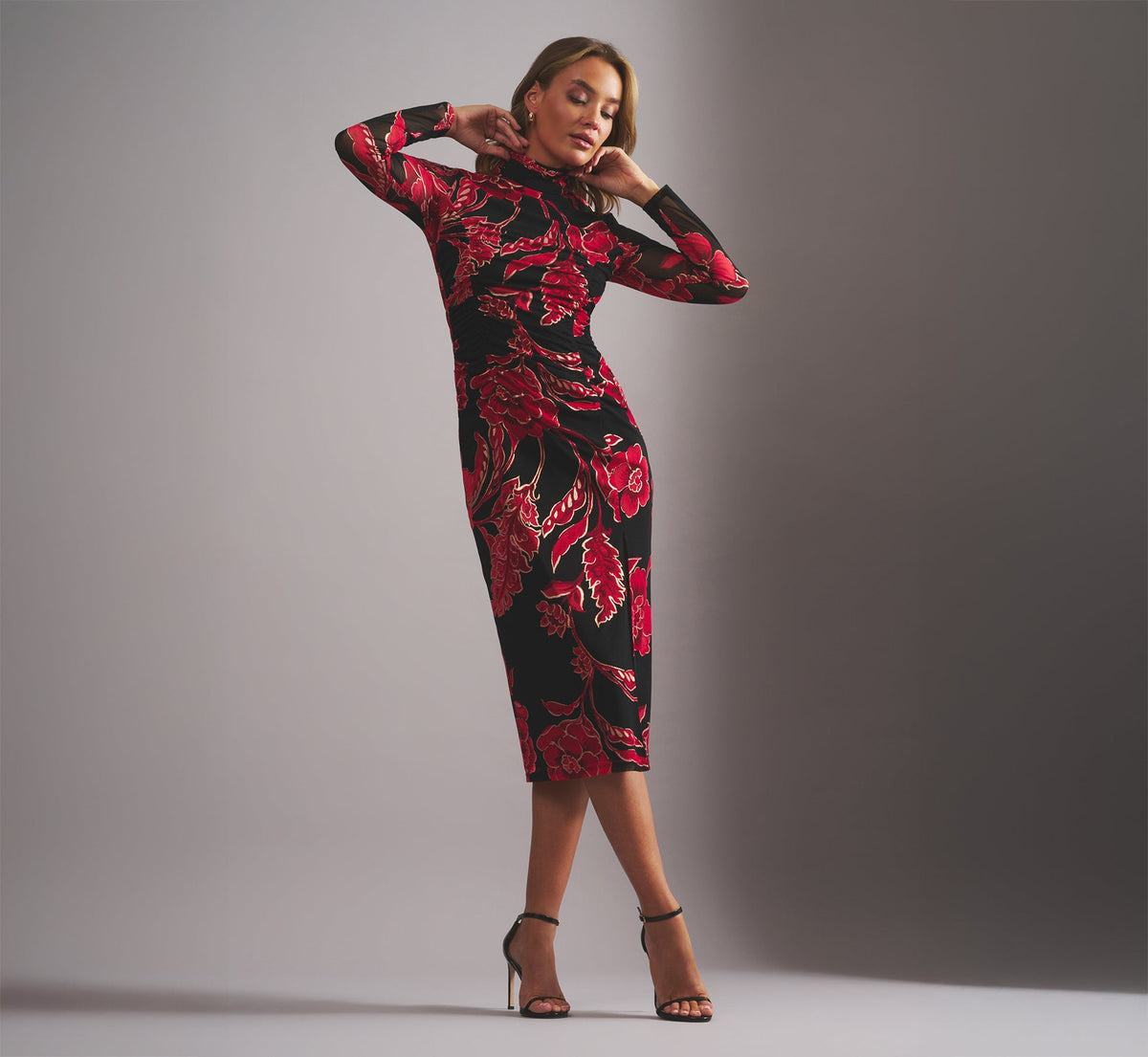 Long Sleeve Floral Mesh Bodycon Midi Dress - Black Multi | Adrianna Papell