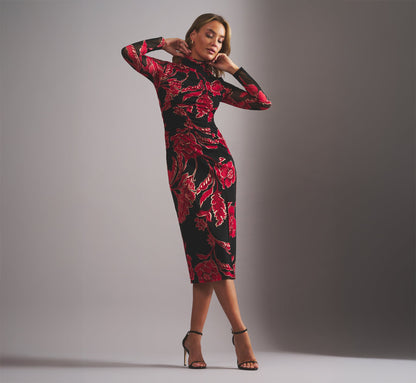 Long Sleeve Floral Mesh Bodycon Midi Dress - Black Multi | Adrianna Papell