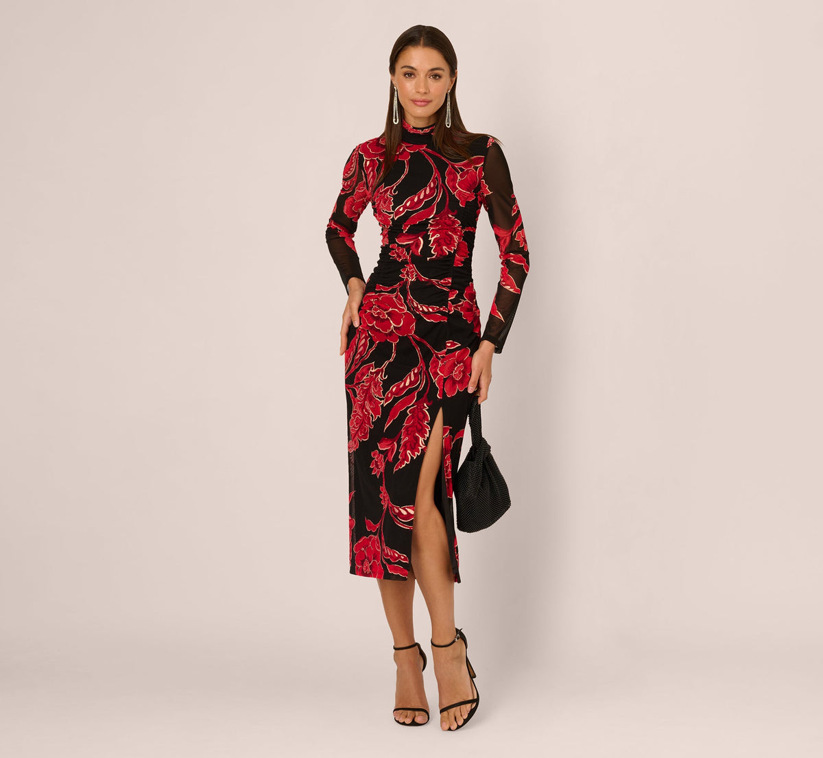 Long Sleeve Floral Mesh Bodycon Midi Dress - Black Multi | Adrianna Papell