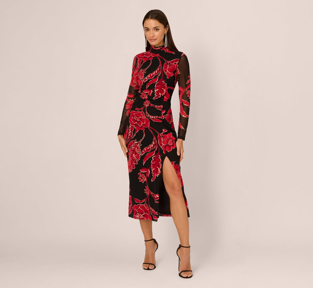Long Sleeve Floral Mesh Bodycon Midi Dress - Black Multi | Adrianna Papell