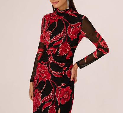 Long Sleeve Floral Mesh Bodycon Midi Dress - Black Multi | Adrianna Papell