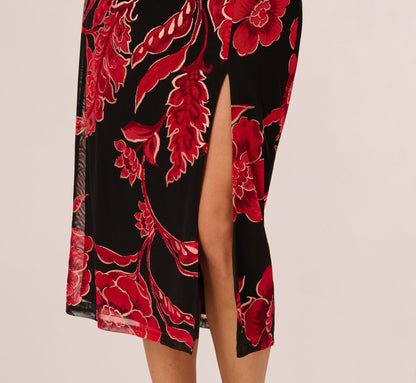 Long Sleeve Floral Mesh Bodycon Midi Dress - Black Multi | Adrianna Papell