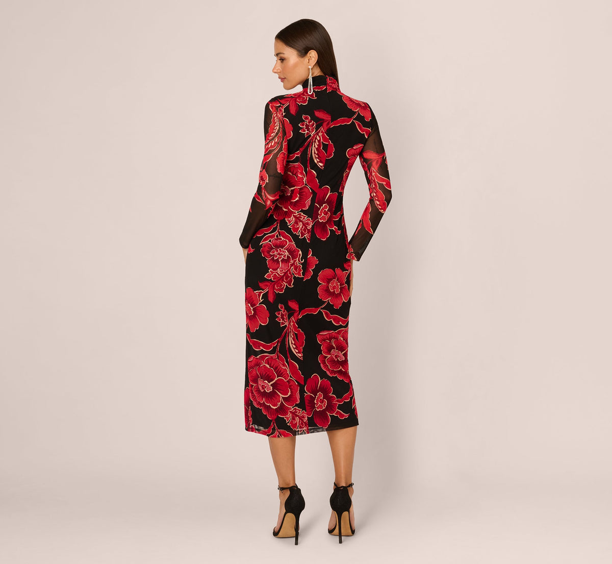Long Sleeve Floral Mesh Bodycon Midi Dress - Black Multi | Adrianna Papell