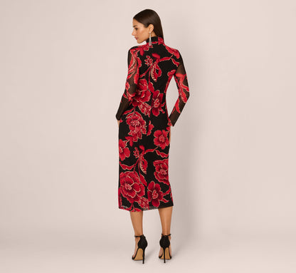Long Sleeve Floral Mesh Bodycon Midi Dress - Black Multi | Adrianna Papell