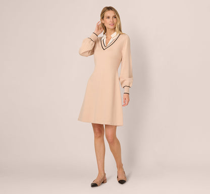 Long Sleeve Collared Twofer Sweater Dress - Champagne Blush Black | Adrianna Papell