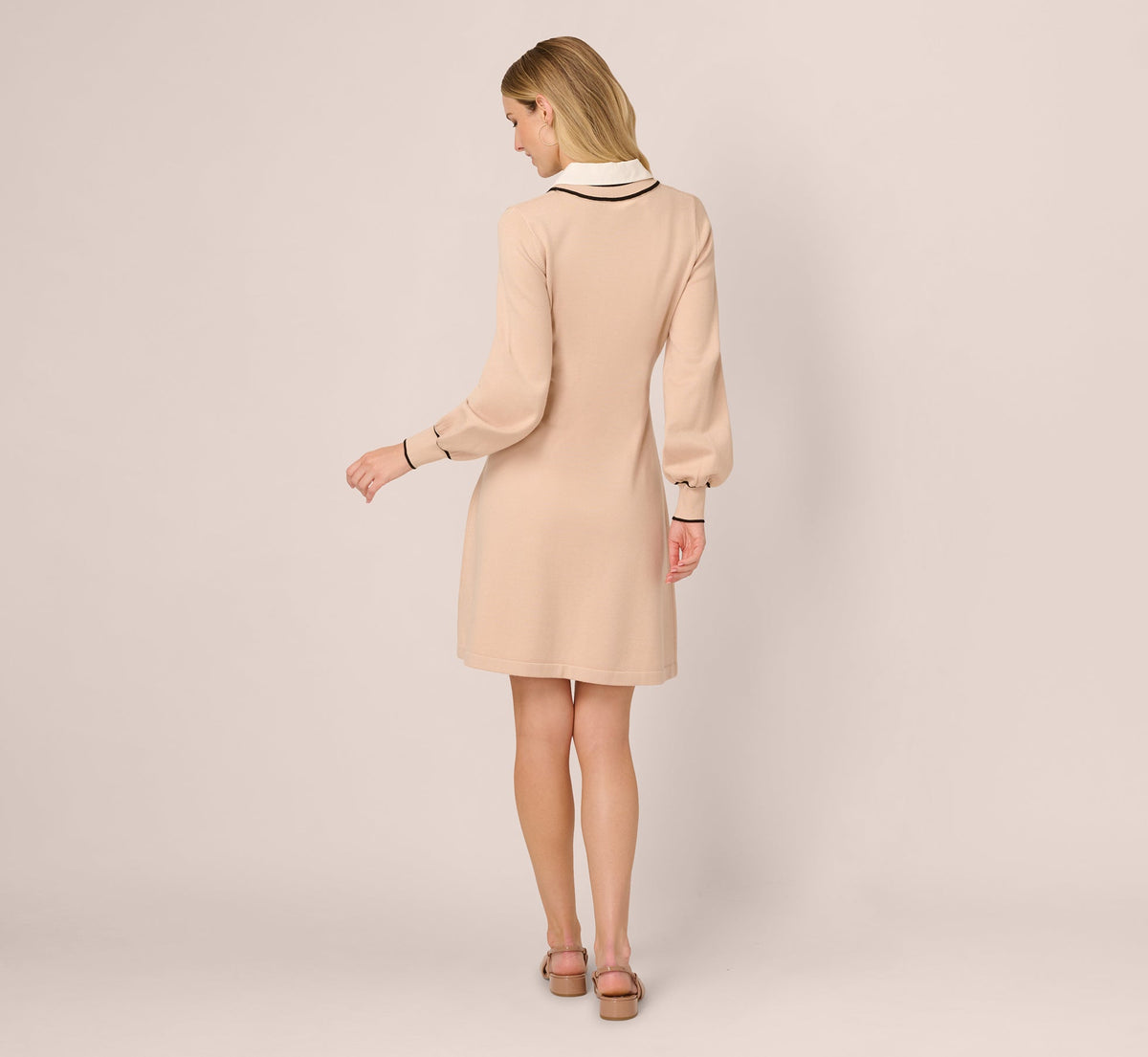 Long Sleeve Collared Twofer Sweater Dress - Champagne Blush Black | Adrianna Papell
