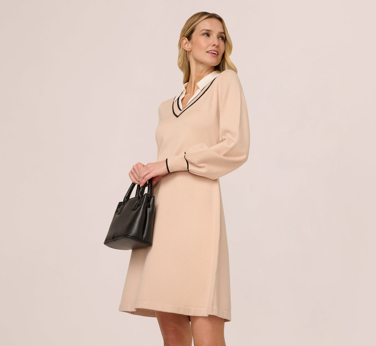 Long Sleeve Collared Twofer Sweater Dress - Champagne Blush Black | Adrianna Papell