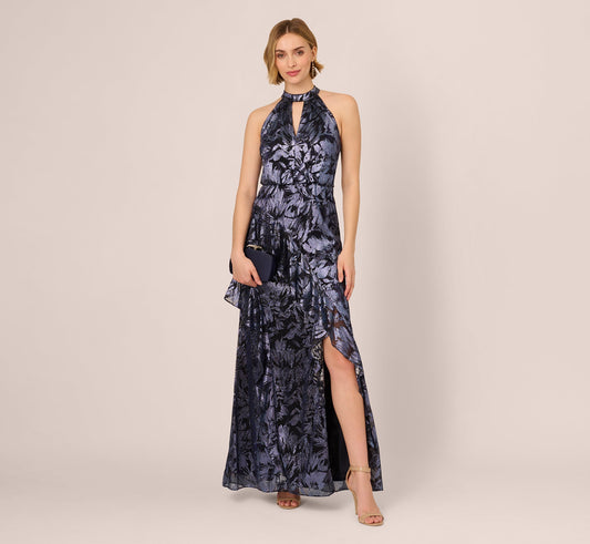 Crinkle Metallic Keyhole Halter Ruffle Gown - Navy | Adrianna Papell