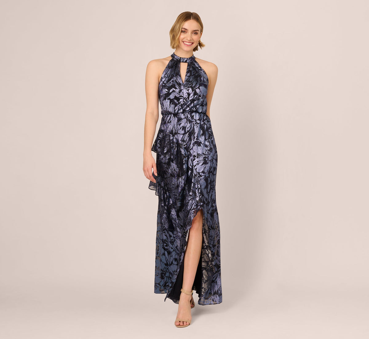 Crinkle Metallic Keyhole Halter Ruffle Gown - Navy | Adrianna Papell