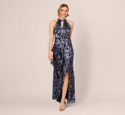 Crinkle Metallic Keyhole Halter Ruffle Gown - Navy | Adrianna Papell