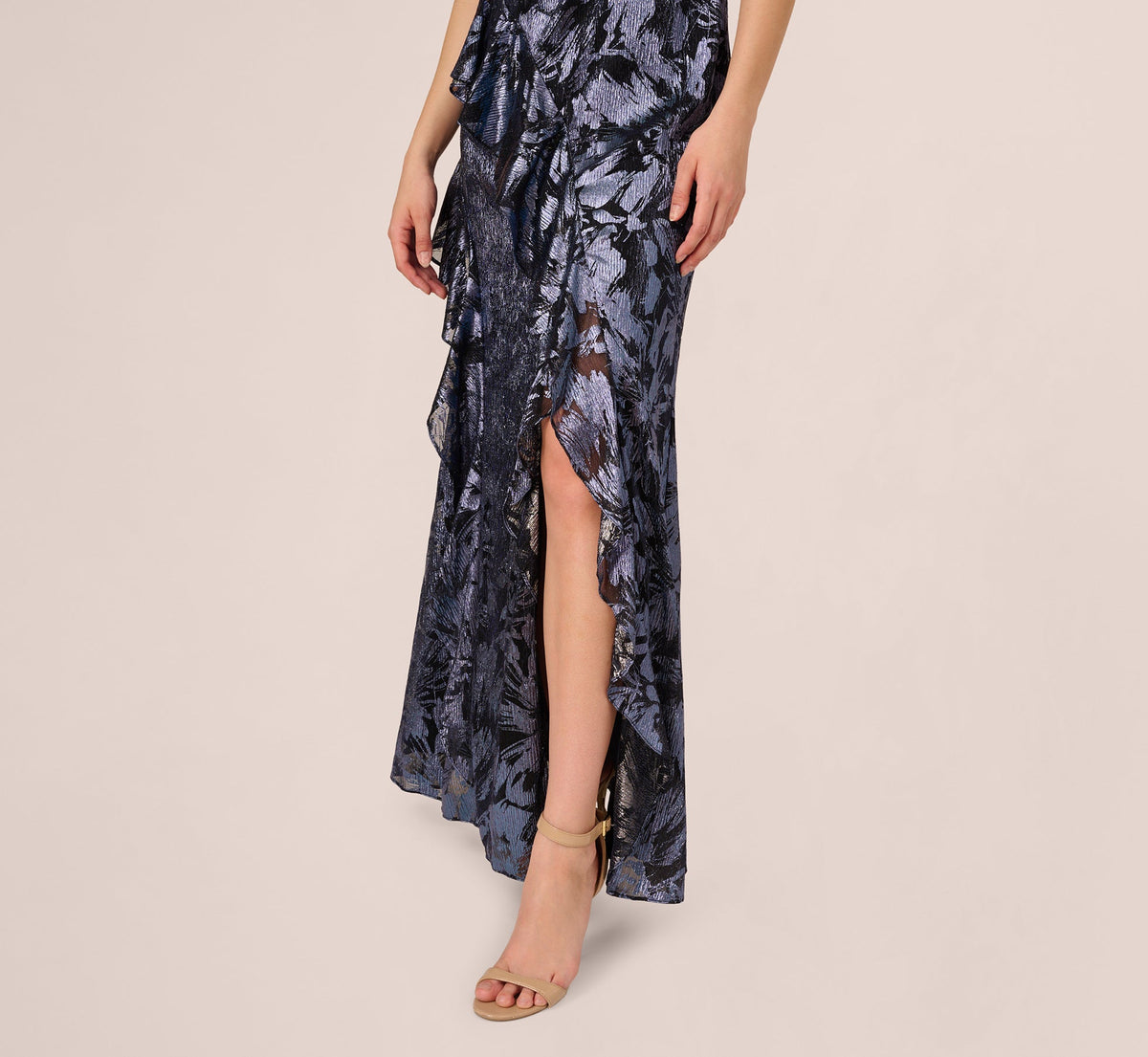 Crinkle Metallic Keyhole Halter Ruffle Gown - Navy | Adrianna Papell