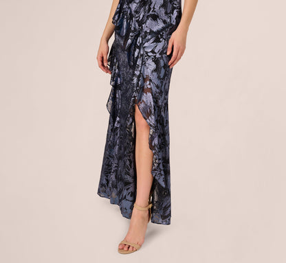 Crinkle Metallic Keyhole Halter Ruffle Gown - Navy | Adrianna Papell