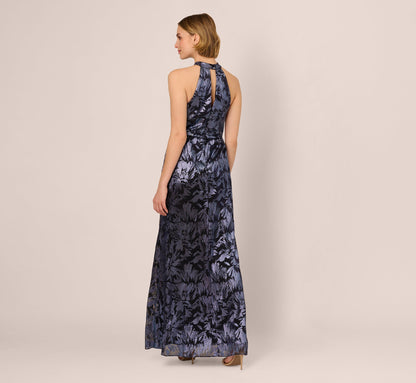Crinkle Metallic Keyhole Halter Ruffle Gown - Navy | Adrianna Papell