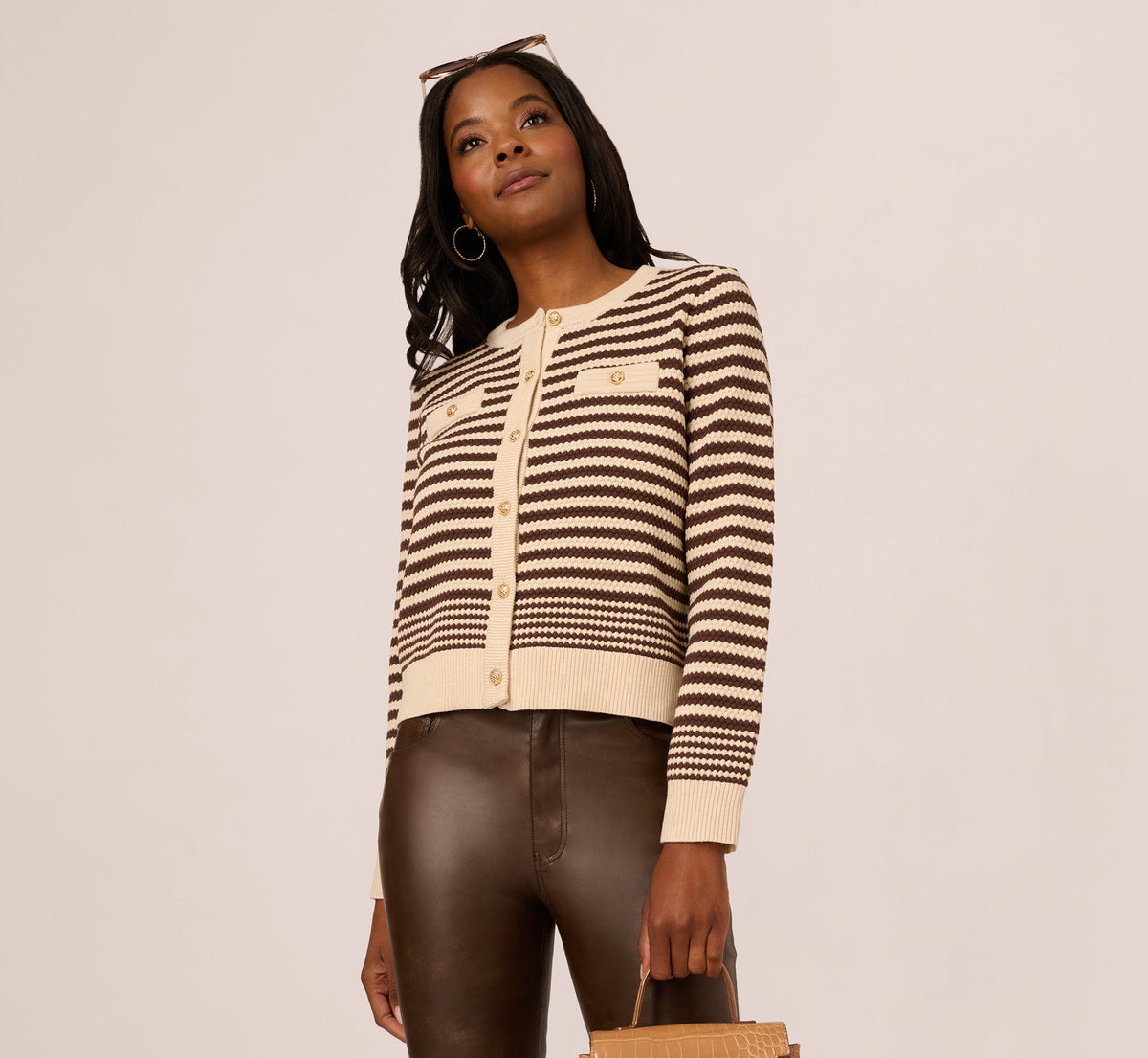 Crew Neck Button Front Striped Pointelle Cardigan Sweater - Cream Dark Brown | Adrianna Papell